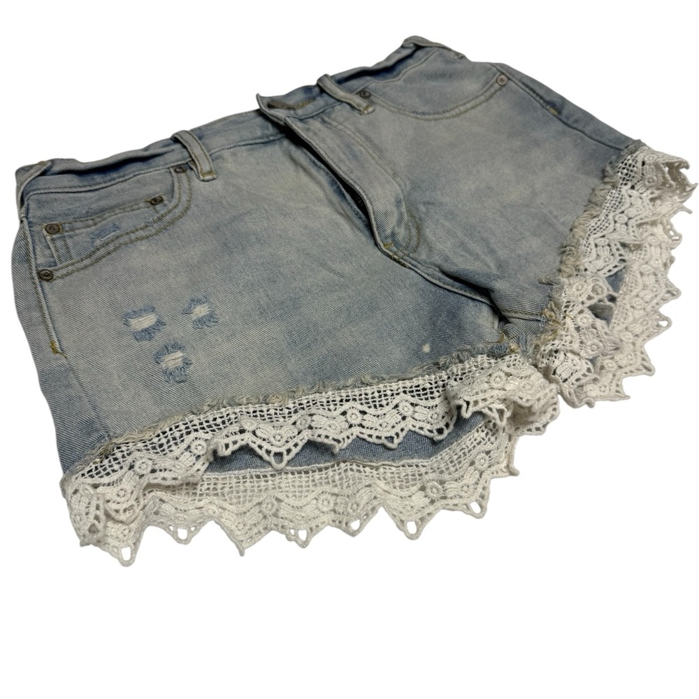 Free People Boho Jean Shorts with White Lace Embroidered Trim Festival Country